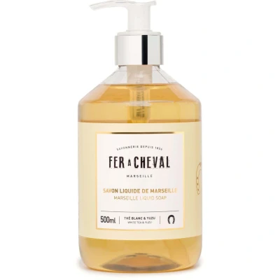 Afbeelding van Fer à Cheval Vloeibare zeep van Marseile, witte thee &amp; Yuzu zachte formule met een lijst korte ingrediënten om op alle huidtypes te passen, 500 ml