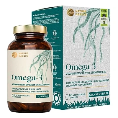 Afbeelding van Nature Basics® Algenolie Omega 3 veganistisch 60 capsules hooggedoseerd in een potje puur onbewerkt gecertificeerd duurzaam &amp; CO2 neutraal Per capsule natuurlijk 455mg met 30% DHA 15% EPA