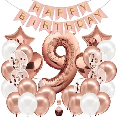 Afbeelding van Verjaardag Decoratie Meisje Rose Goud Nummer 9e Gelukkige Slinger Folieballon 9 Ballon van Kinderen