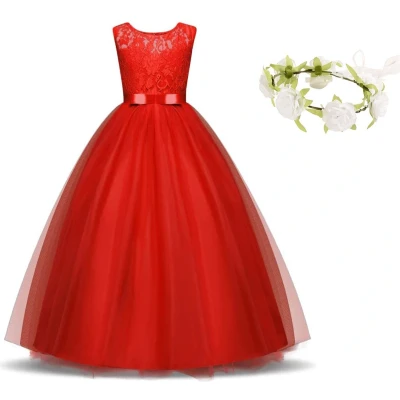 Afbeelding van Communie jurk Bruidsmeisjes bruidsjurk rood 134 140 (140) prinsessen feestjurk meisje met bloemenkrans
