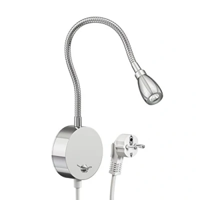 Afbeelding van ledscom.de LED leeslamp/wandlamp HAN, zwanenhals, schakelaar, stekker, glanzend chroom, wit, bedlamp, wandlamp, wandspot, bedlampje