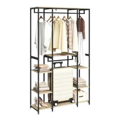 Afbeelding van WOLTU kledingrek, open kapstok voor slaapkamer, eenvoudige montage, metalen kledingstang met planken, licht eiken + zwart, SR0129hei