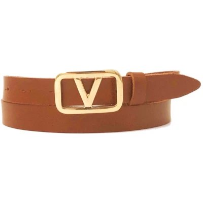Afbeelding van Cognac Leren Riem Gouden V Gesp Trendy Dames Riemen Maat 85 Donker