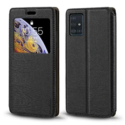 Afbeelding van hoesje voor Samsung Galaxy A51, houtnerf lederen met kaarthouder en venster, magnetisch fliphoesje A51 (zwart)