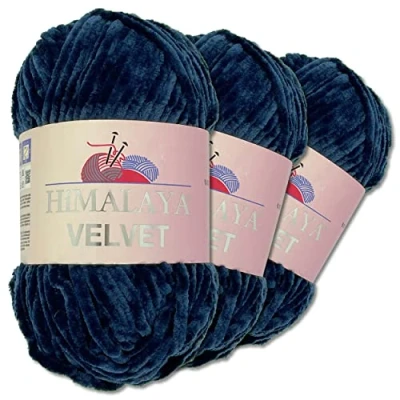 Afbeelding van Wohnkult Himalaya 3 x 100 g Velvet Dolphin breiwol, 40 kleuren om uit te kiezen, chenille breigaren, pluizige wol, glans, accessoire, kleding, dekens (90021, donkerblauw)