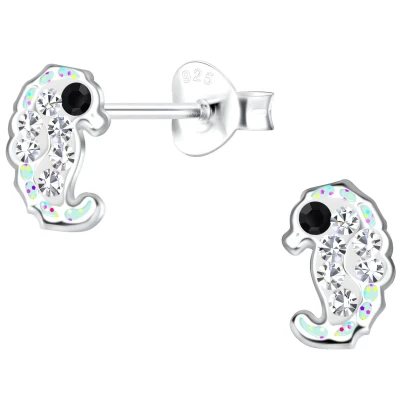Afbeelding van JoyS Zilveren baby zeepaardje oorbellen 5 x 8 mm wit kristal glittertjes kinderoorbellen