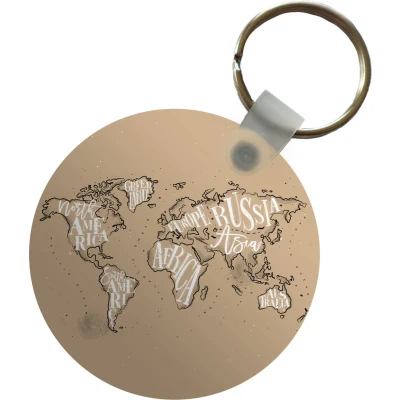 Afbeelding van Sleutelhanger Wereldkaart Bruin Wit Letters Plastic Rond Uitdeelcadeautjes