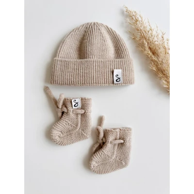 Afbeelding van newborn set Merino wol sloffen + beanie 0 3 maanden Zand baby sokken babymuts