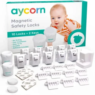 Afbeelding van AYCORN Magnetische kind en babysloten voor kasten, 10 sloten 2 sleutels, in een paar seconden te plaatsen, gratis instructievideo, nieuwste ontwerp om kinderen peuters beschermen, geen boor of schroeven nodig
