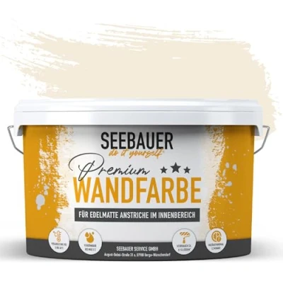 Afbeelding van SEEBAUER diy muurverf beige 5L voor binnen (No. 435 Vanilla Cream) edelmat crèmebeige binnenverf beigetinten zeer hoge dekkracht mat, wasbaar en druppelvrij