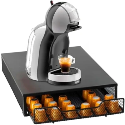 Afbeelding van Avilia Capsulehouder van bamboe met lade, multifunctioneel, voor het organiseren capsules, wafels, kruidenthee, suiker, koffiekopjes en kleine brioche (capsulehouder metaal)