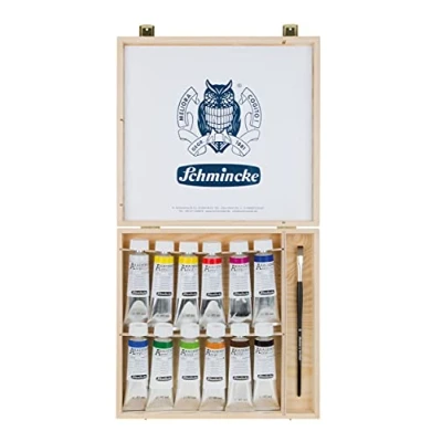 Afbeelding van Schmincke AKADEMIE Acryl, 12 x 60 ml tubes, 76 014 097, briljante, zeer lichtechte tinten in houten doos, 1 daVinci penseel, fijn acrylverf voor kunstenaars, cadmiumvrij, ideaal om te mengen