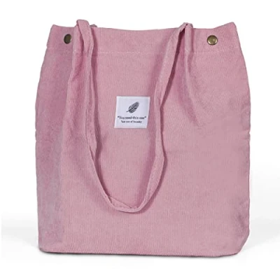 Afbeelding van Modieuze strandtas, tote bag, lichte corduroy tas voor dames, jute tas, schoudertas, shopper, grote school, werk, winkelen, reizen en dagelijks gebruik (wit), roze