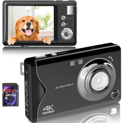 Afbeelding van digitale camera, 4K HD 1080p 48MP fotocamera, compacte mini camera met 32 GB SD kaart, FHD lcd scherm, 16 x zoom voor beginners (zwart)
