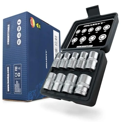 Afbeelding van Haskyy 9 delige Torx dopsleutelset I dopsleutels E profiel set (buitentorx) E10 E24 1/2 inch dopsleutelinzetstukken buiten moeren