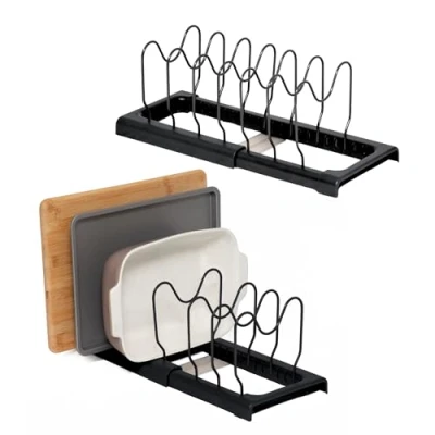 Afbeelding van simplywire Uitklapbaar bakplaat en snijplankenrek Set van 2 Pannendekselrek Organizer voor keukenkastjes Zwart