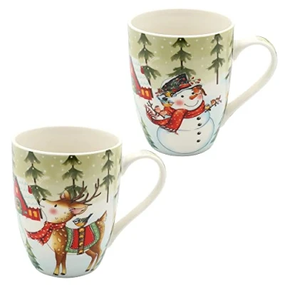 Afbeelding van Dekohelden24 Porseleinen kerstmokken sneeuwpop en ree als set van 2, hoogte: 10 cm Ø 8 cm, inhoud 280 ml.