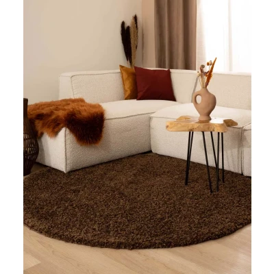 Afbeelding van Hoogpolig Tapijt/Vloerkleed Shaggy Trend Effen Rond Bruin 80 Cm