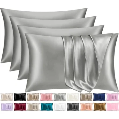 Afbeelding van Pamposh Satijnen zijden kussenslopen voor haar en huid, set van 4 standaardformaat met envelopsluiting (4 (50 x 75 cm), grijs)