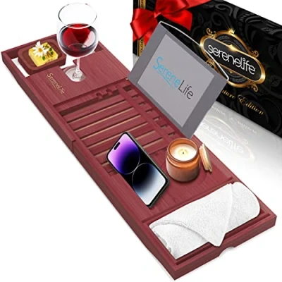 Afbeelding van SereneLife Badrek Bamboe Badkuipplank met Luxe Cadeaubox en Rode Cadeaulint Uitschuifbare &amp; Verstelbare Badplank Apparaat /Boekhouder Verwijderbare Bakjes voor Badkamer Accessoires