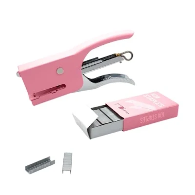 Afbeelding van Handmatige nietmachine, compacte nietmachine van staal voor kantoor, school en thuis, 1000 kleine nietjes 10/4 inbegrepen, gesloten punt, ergonomische handgreep (roze)