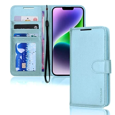 Afbeelding van TECHGEAR iPhone 14 lederen portemonneehoesje, flip beschermhoes met portemonnee kaarthouder, standaard en polsband lichtblauw PU leer magnetische sluiting voor 6,1 inch