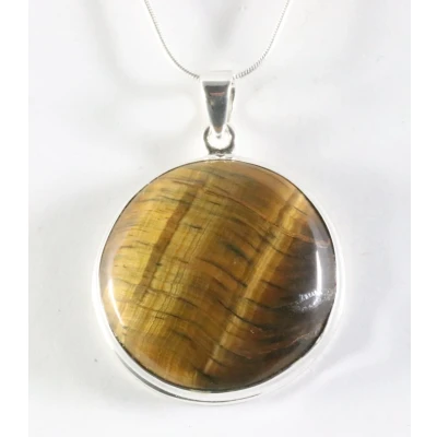 Afbeelding van Ronde hoogglans zilveren hanger met tijgeroog aan ketting