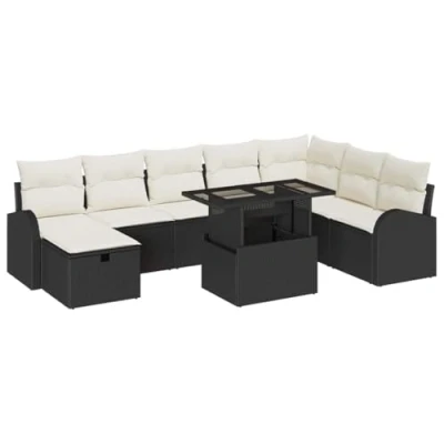 Afbeelding van vidaXL 9 delige tuinsofaset met kussens zwart poly riet