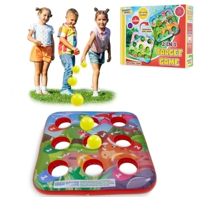 Afbeelding van KreativeKraft Werpspellen voor buiten, kinderen, opblaasbaar tuinspel met ballen en bonentassen, spelletjes verjaardag, kermis, feest (2 in 1 multispel)