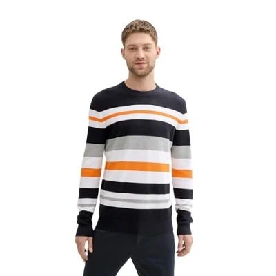 Afbeelding van TOM Tailor Gestreifter Trui, Heren, Maat: Large, Navy white multi color stripe