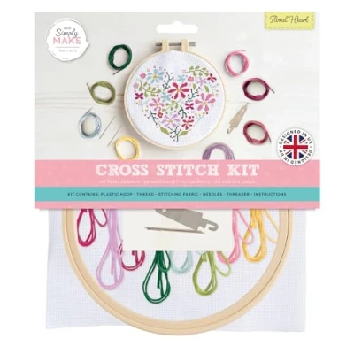 Afbeelding van Simply Make Kruissteekkit, bloemenhart, meerkleurig, enkele knutselset, kruissteekkits voor volwassenen, naaiset en borduurset thuis knutselen, inclusief borduurgaren
