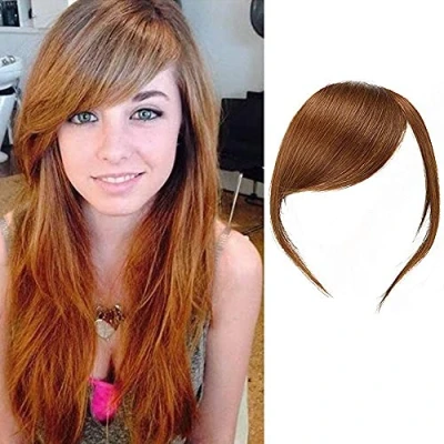 Afbeelding van Dikke pony aan de zijkant van echt haar, 100% pony, zijpony, rechte franjes, haarverlengingen (Lichtbruin kleur, met tempels)