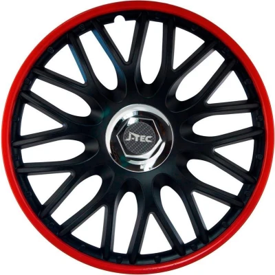 Afbeelding van J Tec 4 Delige Wieldoppenset Orden R 13 inch zwart/rood + chroom ring