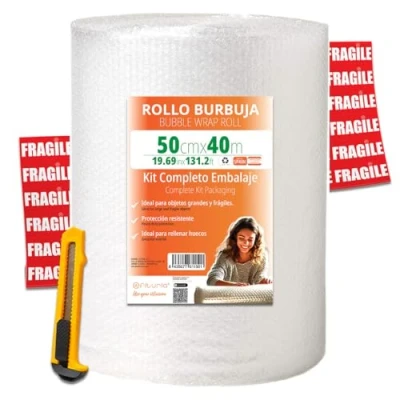 Afbeelding van OFITURIA Luchtkussenfolie, 50 cm x 40 m, complete set met cutter + 12 frisse etiketten, voor verhuizing, verpakking, luchtkussenfolie