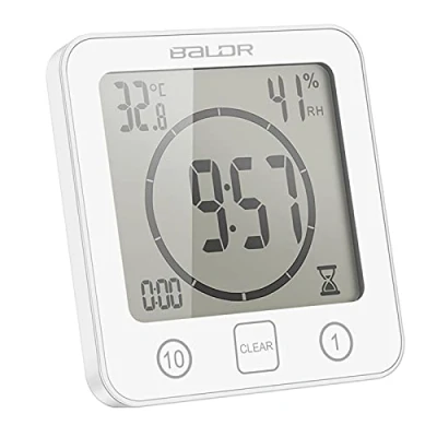 Afbeelding van Allomn Badkamerklok, digitale douchewekker met lcd scherm, waterdicht, aanraakbediening, temperatuur in C/F, luchtvochtigheid, countdown timer, 3 montagemethoden, werkt op batterij (wit)