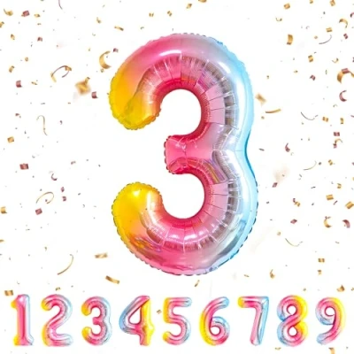 Afbeelding van Ballonnen verjaardag 3 jaar regenboog 101 cm ballon cijfer decoratie 3e vlinderdas met helium