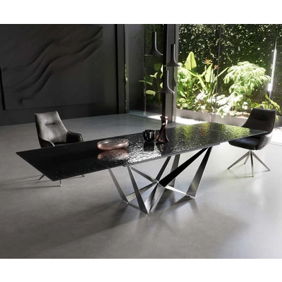 Afbeelding van Eetkamertafel Edge Glas smelten rokerig zwart 3D Relief 200 300x100 spider vlak staal RVS uitschuifbaar