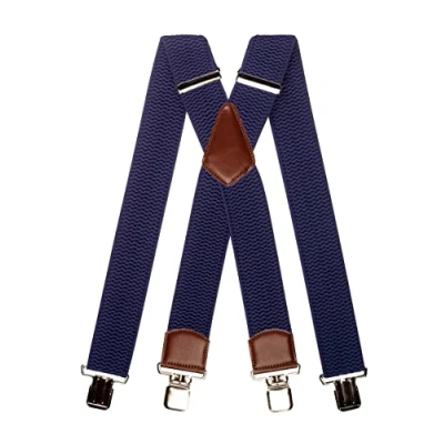 Afbeelding van Olata Extra Brede X Vorm Bretels met Bruin Leer en Zilveren Clips 5 cm. Blauw