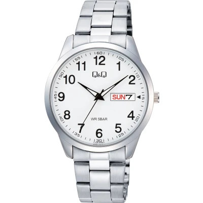 Afbeelding van Q&amp;Q model c32a 004py Herenhorloge dagaanduiding datum aanduiding duidelijke wijzerplaat 5 bar waterdicht diameter 42 mm zilverkleurig