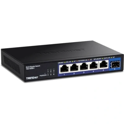 Afbeelding van TRENDnet 6 poorts onbeheerde 2.5G switch met 10G SFP+ poort, TEG S5061, 5 x 2,5 GBASE T poorten, 45 Gbps schakelcapaciteit, ventilatorloos, wandmontage, zwart