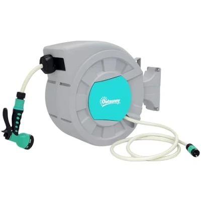 Afbeelding van Outsunny Schlauchtrommel mit Gartenschlauch 20m, 180 schwenkbar Schlauchbox, Schlauchaufroller zur Wandmontage, Wasserschlauchaufroller automatische Aufrollung, 7 Funktionen Handbrause, Grau