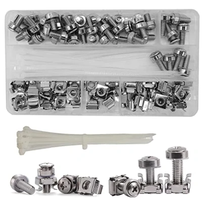 Afbeelding van 100 Stuks(40 Sets) M6 x 16/20mm Rack Schroeven Kooimoeren Set Sluitringen Assortiment Moeren Boutenkit voor Vierkante Gaten Mount Datakasten(Zilver)