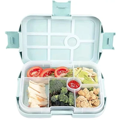 Afbeelding van AEIWUMOK Lunchbox voor kinderen, Bento Box met vakken, broodtrommel robuuste 6 vakken onderverdeling, snackbox kleuterschool, school (blauw)