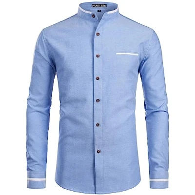Afbeelding van PARKLEES Heren Hipster Ontwerp Opa Kraag Oxford Shirt Slim Fit Lange Mouw Casual Button Down Jurk Shirts met Zak, Pz113 licht Blauw, M
