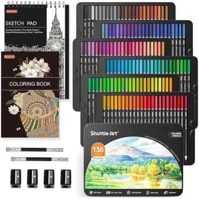 Afbeelding van Shuttle Art 138 kleuren professionele kleurpotloden, zachte kern kleurpotloden set met 1 kleurboek, schetsblok, 4 puntenslijper, 2 potloodverlengers voor kunstenaars, kinderen, volwassenen, kleuren,