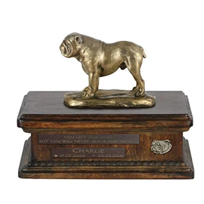Afbeelding van Art Dog Custom Sitting Statue Memorial Urn Handgemaakt koud gegoten brons op berkenhouten voet 8,3x11,4x8,7 5l Engelse Buldog VII