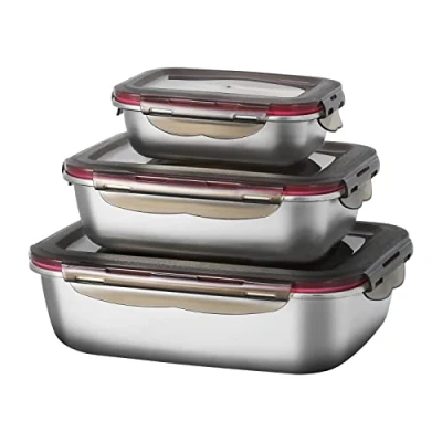 Afbeelding van 3 delige voorraadpottenset, voorraadpotten van RVS met deksel, air idcht vershouddoos, meal prep boxen, kom stapelbaar, 600ml/ 1500ml/ 2900ml