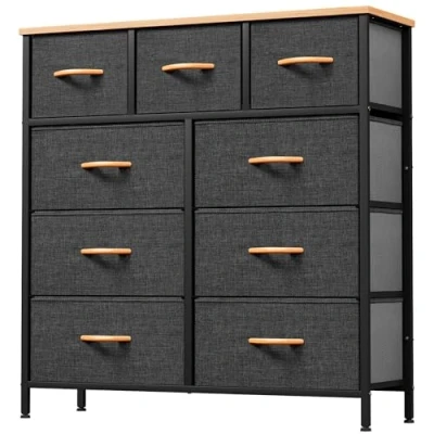 Afbeelding van YITAHOME Brede ladekast met 9 laden, stoffen dressoirs gemakkelijk trekhandvat, stevig stalen frame, opbergladen voor slaapkamer, kinderkamer, kast, kleding, donkergrijs