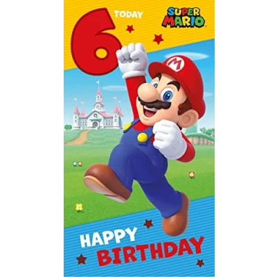 Afbeelding van 6e verjaardagskaart, verjaardagskaart voor verjaardag, Super Mario kaart verjaardag