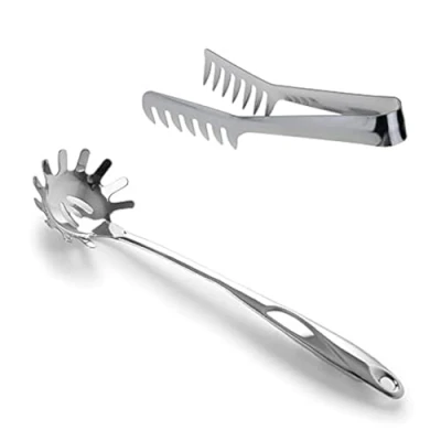Afbeelding van HornTide Rvs Pasta Server Set 1x 8 &quot;Serveertang 12&quot; Spaghetti Klauw Tandjes Einden Ontwerp Keuken Gereedschap
